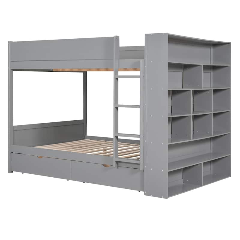 Full over Full Bunk Bed with 2 Drawers and Multi-layer Cabinet, White