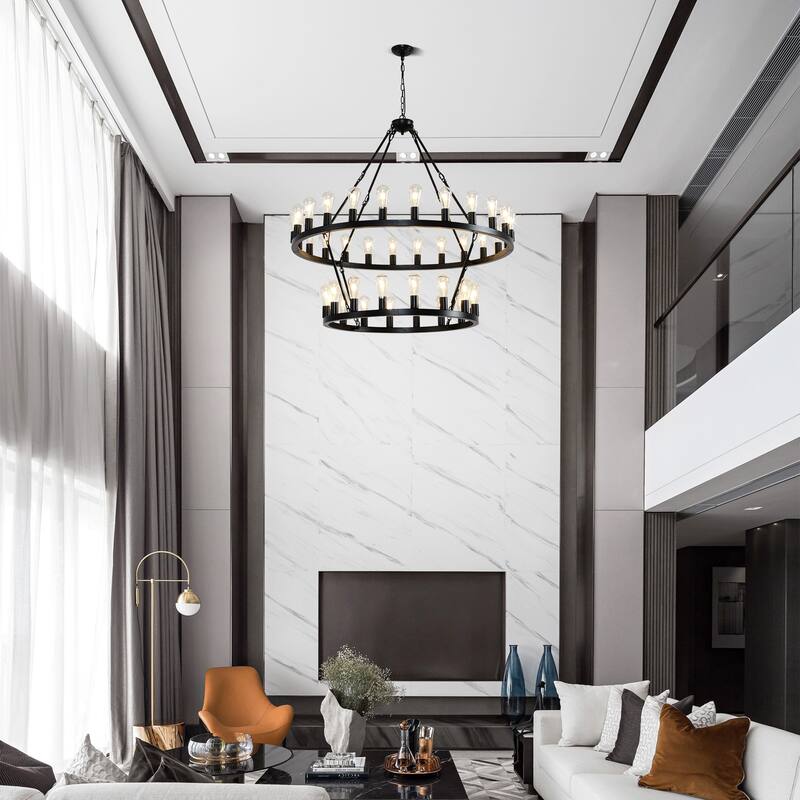 47.24 Inch Matte Black Wagon Wheel Chandelier With 36-Lights (24+12) (No Bulbs) - Brown