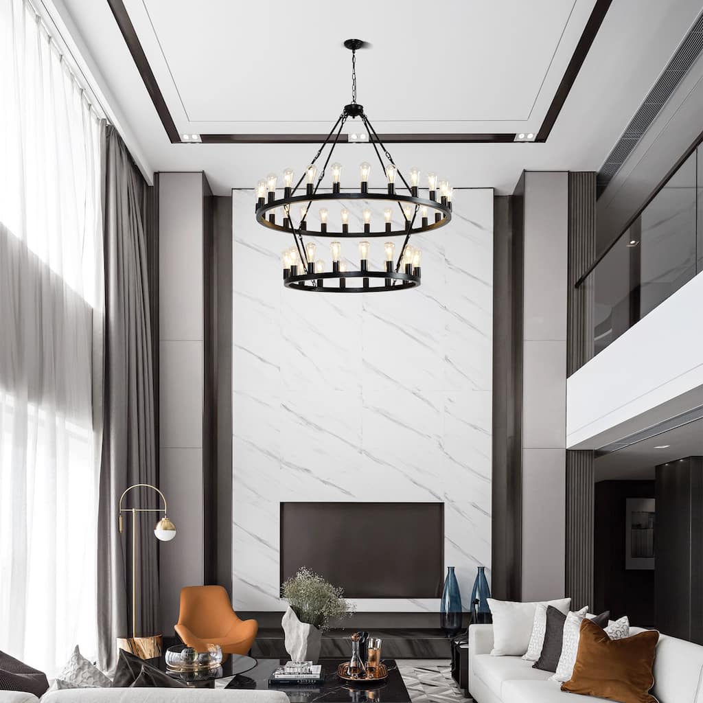 47.24 Inch Matte Black Wagon Wheel Chandelier With 36-Lights (24+12) (No Bulbs)