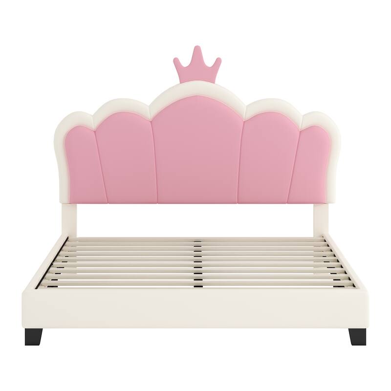Cute Girl Princess Bed with Crown Headboard, PU Upholstered Platform Bed, Wood Panel Bed Low Profile Bed