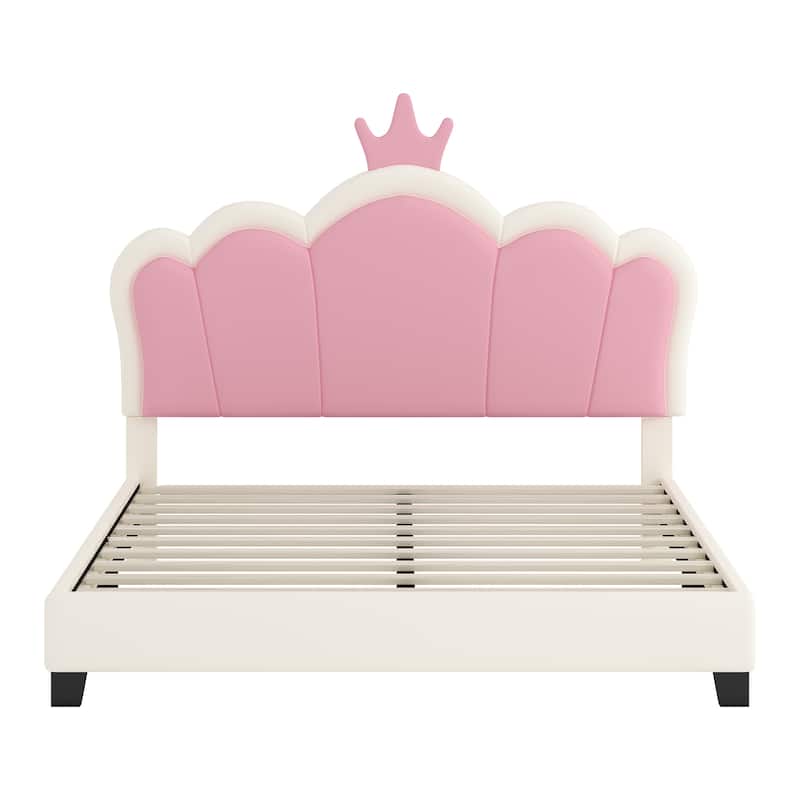Full size Upholstered Princess Bed With Crown Headboard - Cream