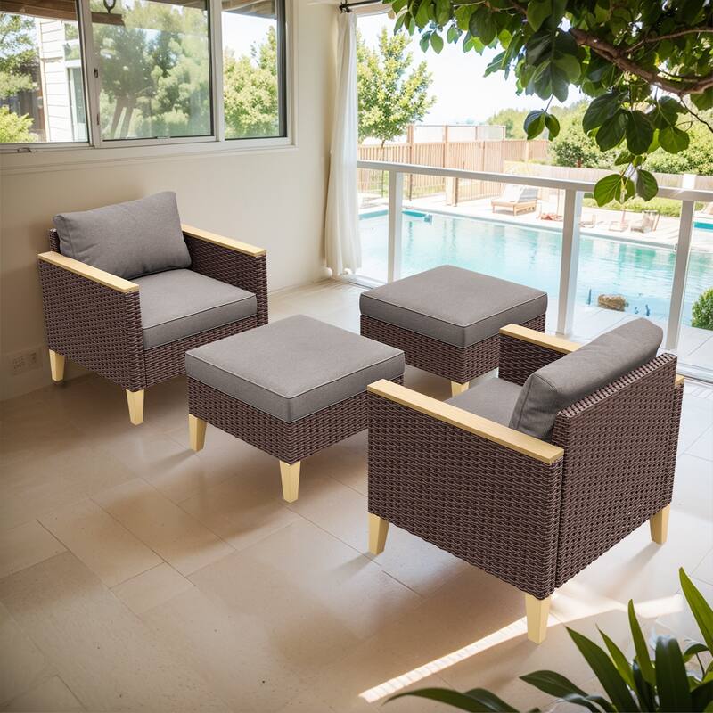 Gymojoy PE Rattan Patio Chairs, Ottoman Set - Brown - Grey