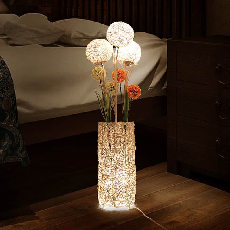 Floor Lamp Pastoral with Hand-Woven Flower Rattan Art Lamp - 8 in. x 8 in.x 43 in.