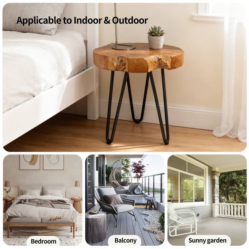 Round Natural Unique Shape Teak Wood End Table with Iron Legs