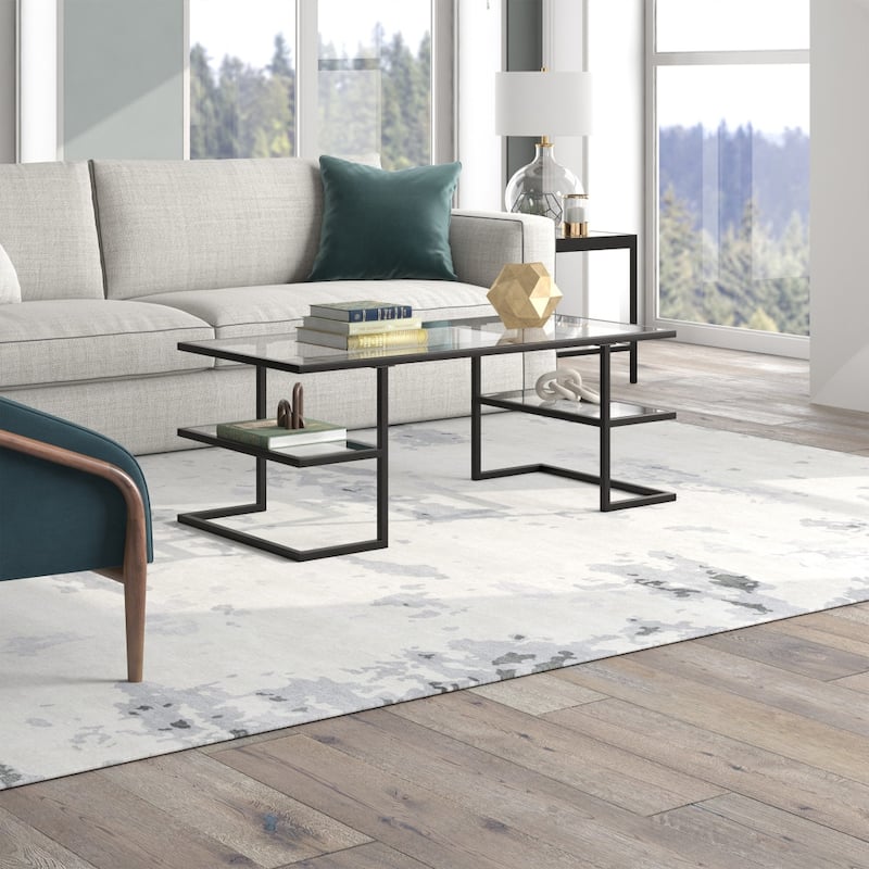 Sleek 47 Inch Rectangular Coffee Table with Glass Top and Steel Frame 2 Shelves for Storage - 47"L x 22"W x 18"H