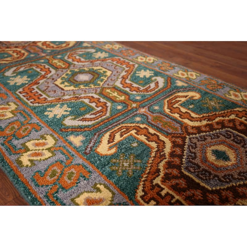 Green Geometric Kazak Indian Runner Rug Hand-Knotted Wool Carpet - 2'5"x 9'9"