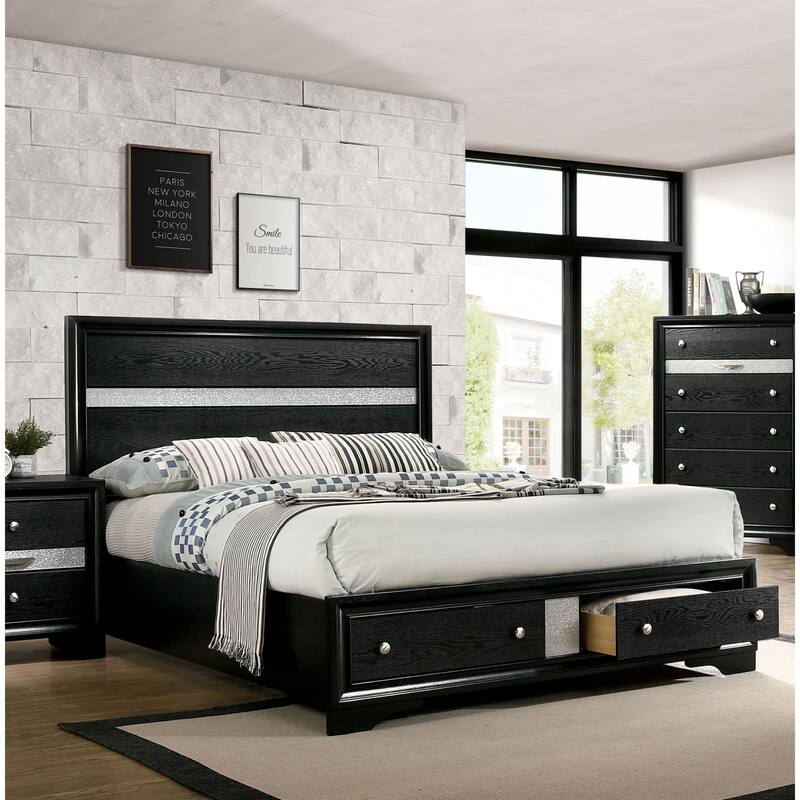 Manzini Contemporary Black Solid Wood Storage 3-Piece Platform Bedroom Set by Furniture of America