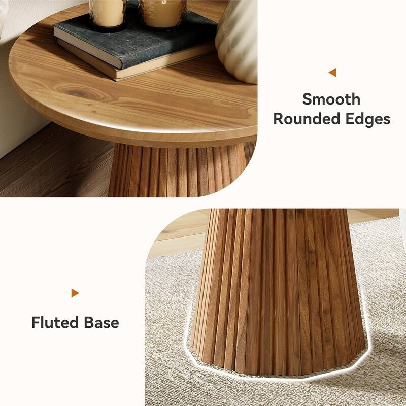 19" Solid Wood Small Round Pedestal End Side Table with Fluted Base - 19.68" W x 19.68" D x 23.62" H