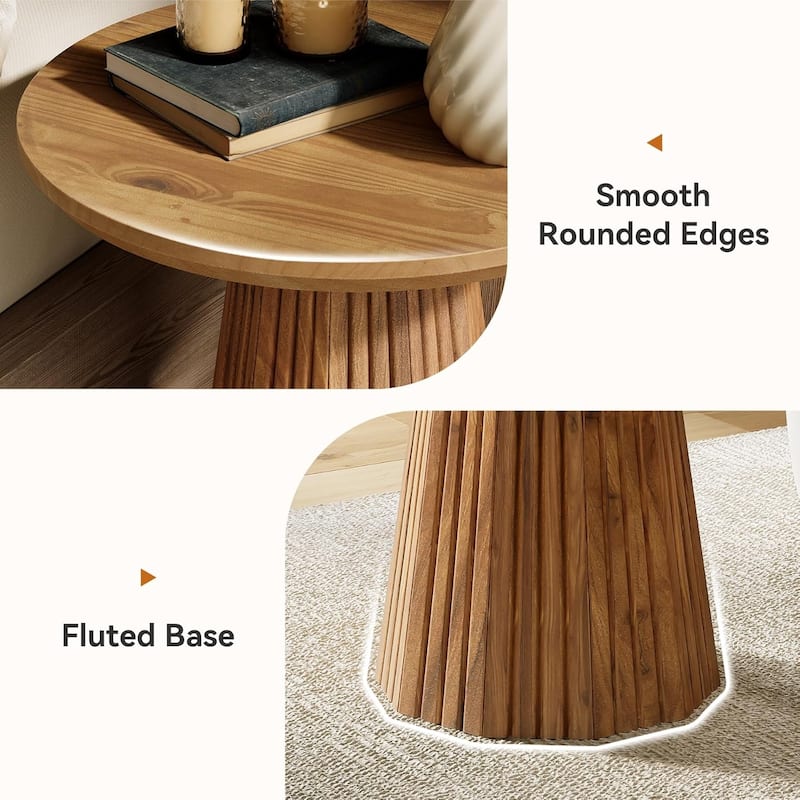 19-inch Solid Wood Small Round Pedestal Side/End/Bedside Table with Fluted Base