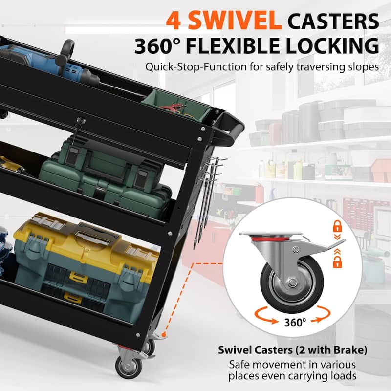 3-Tier Rolling Tool Cart on Wheels for Mechanics with Utility Drawer