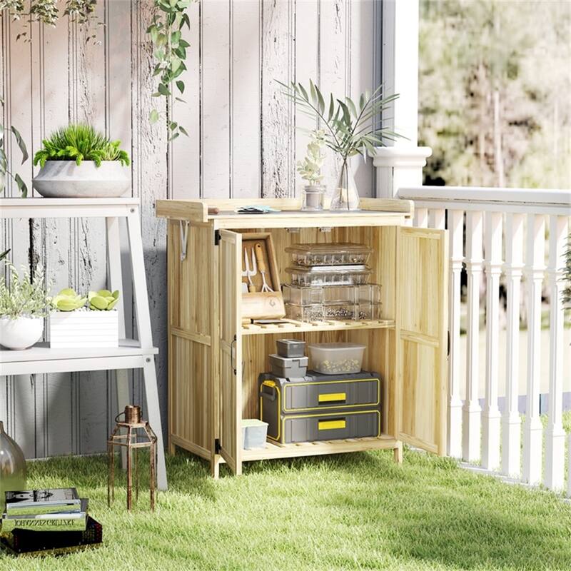Wooden Outdoor Storage Shed with Stainless Steel Top & Inner Shelf - 29.1" W x 16.9" D x 34.6" H - Natural