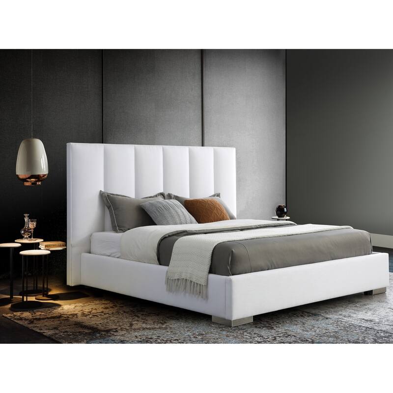 Queen Velvet Bed - Antique Ambiance, White Linen Blend Fabric, Stainless Steel Legs, Modern Design