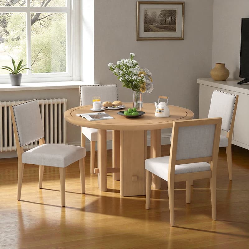 5-Piece Round Farmhouse Dining Table Set, 46.9" Wood Table with 4 Upholstered Chairs, Modern Rustic Kitchen Furniture - Natural
