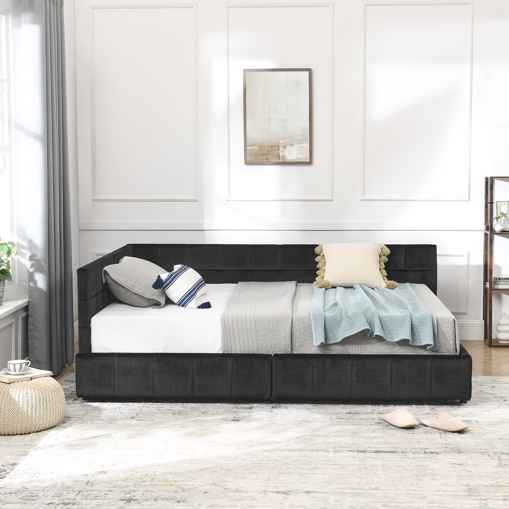 Full Size Upholstered Tufted Bed Frame, Storage Sofa Bed Frame, Velvet Fabric Daybed with 2 Drawers, No Box Spring Needed