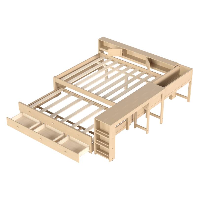 Full/Twin Daybed with Trundle & Storage Drawers - Wood Frame with Side Shelves and Desk