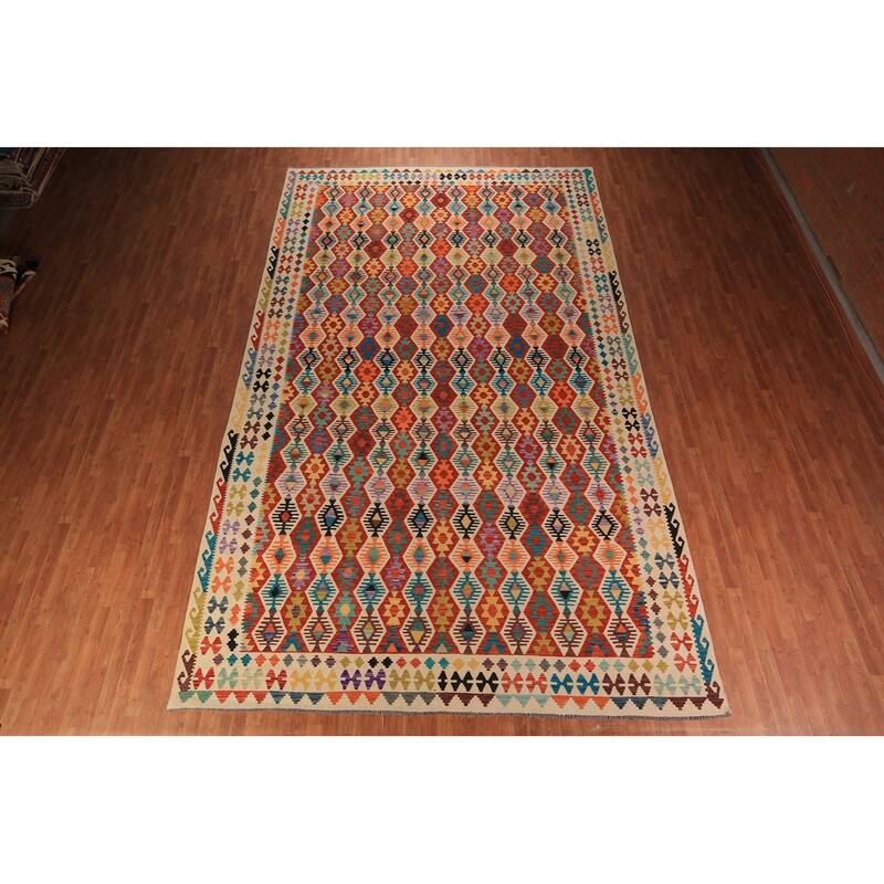 All-Over Geometric Kilim Oriental Large Rug Flatweave Wool Carpet - 10'3" x 16'6"