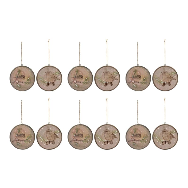 Club 12 Brown Green Bird on Tree Christmas Disc Ornaments 4.25"