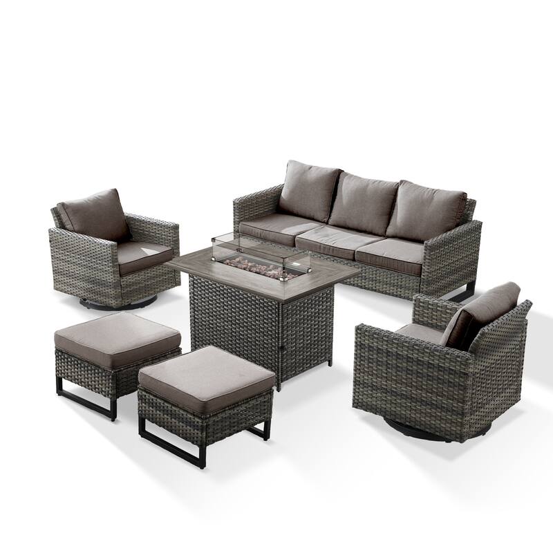 Outdoor Sofa 2 Swivel Chairs Ottomans and Fire Pit Table