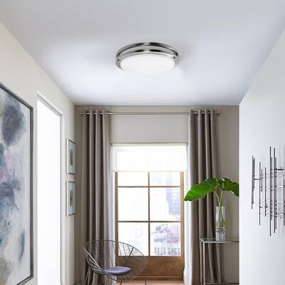 Euro' Satin Nickel Finish Steel Flush Mount Fluorescent Ceiling Light Fixture with Decorative Glass - Silver