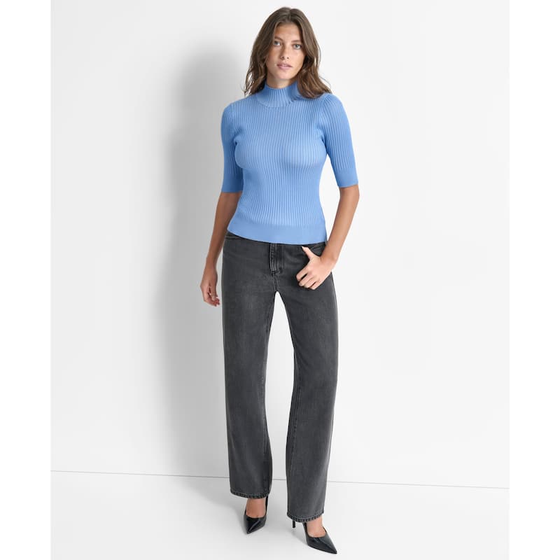 DKNY Mock Neck Ribbed Knit Top