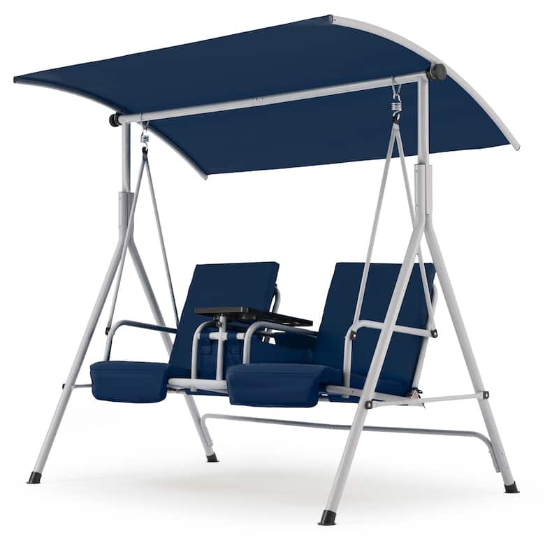 Outdoor Swing with Stand, Canopy, Pivot Table & 2 Cup Holders - Patio, Balcony, Bedroom