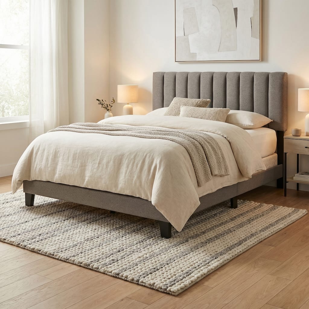 King Queen Mid-Century Modern Wood Channeled Beige Fabric Upholstered Platform Bed with Slats