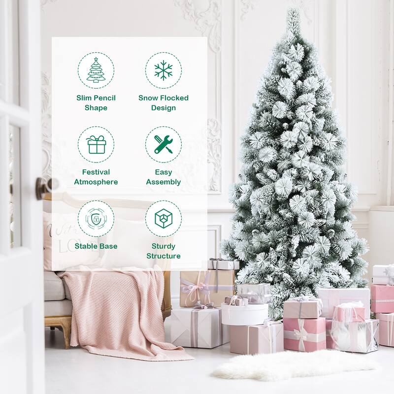 Costway 5ft/6ft/7ft Snow Flocked Hinged Artificial Slim Christmas Tree