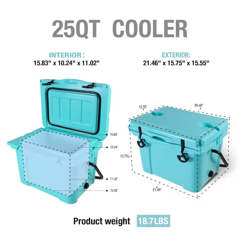 25QT Portable Cooler, Insulated Hard Cooler with Bottle Opener, Cup Holder, Forming Ruler, Travel, Beach, Camping, Fishing