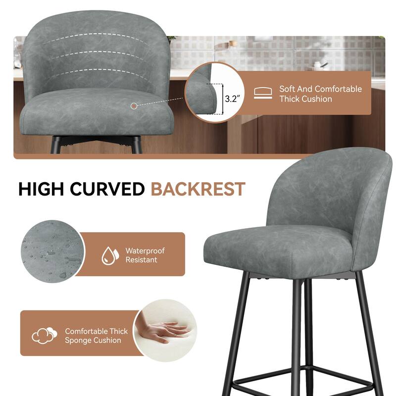 Counter Height Bar Stools Set of 2,360° Swivel Barstools with High Back and Metal Legs,26" Seat Height