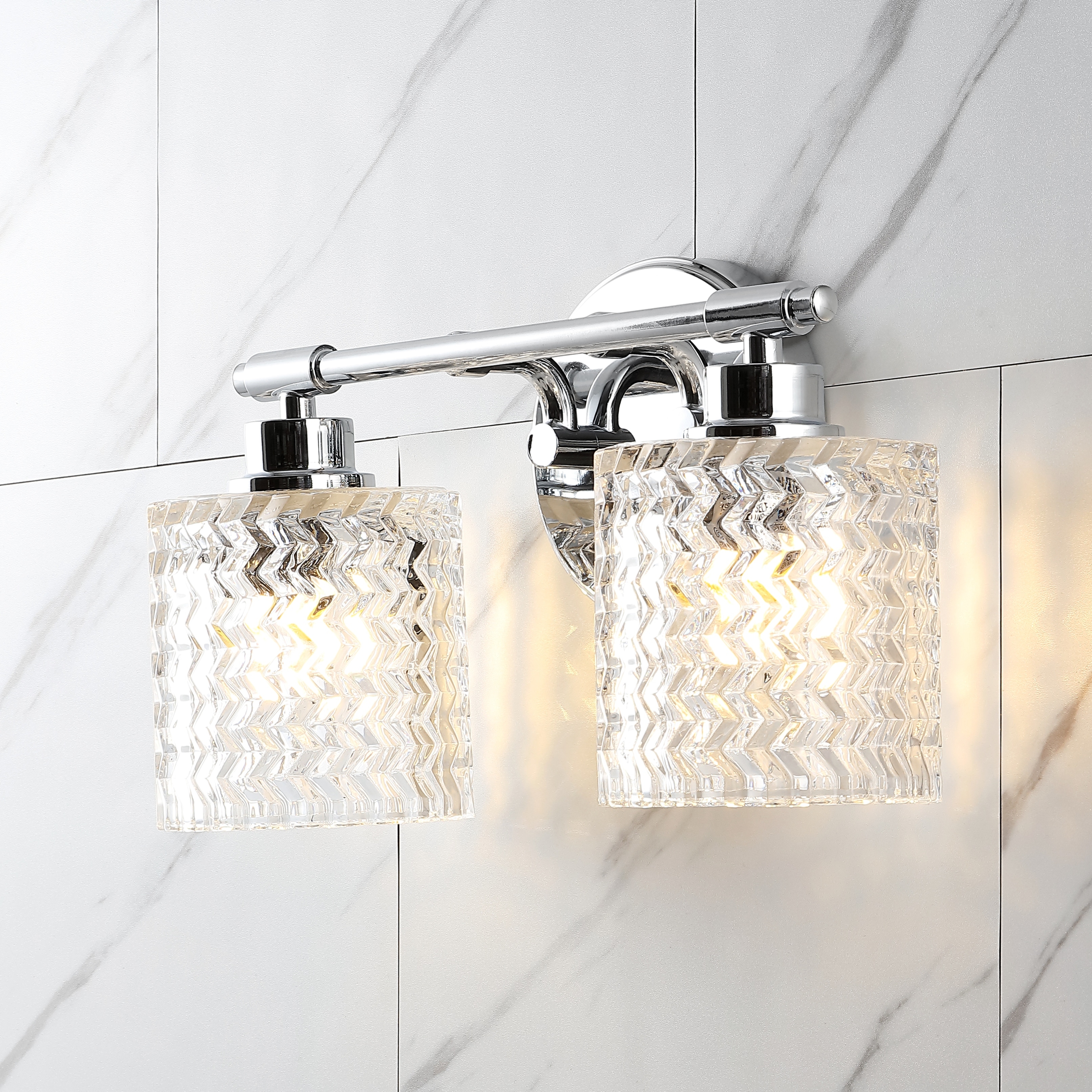 JONATHAN Y Manhattan Vintage Iron/Chevron Pattern Glass Farmhouse Cottage LED Vanity Light