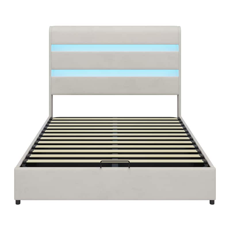 LED Storage Bed with Velvet Upholstery Headboard & Footboard, Beige Full