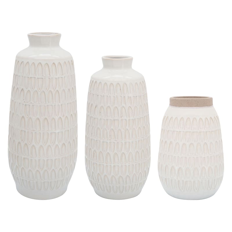 Sagebrook Home Ceramic Vase Carved Design Decorative Light Colored Table Vase for Home or Office Decor