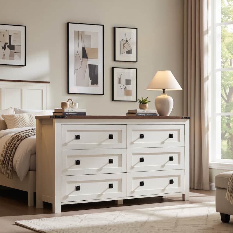 Farmhouse 6 Drawer Dresser, Wood TV Stand, Chest of Drawers