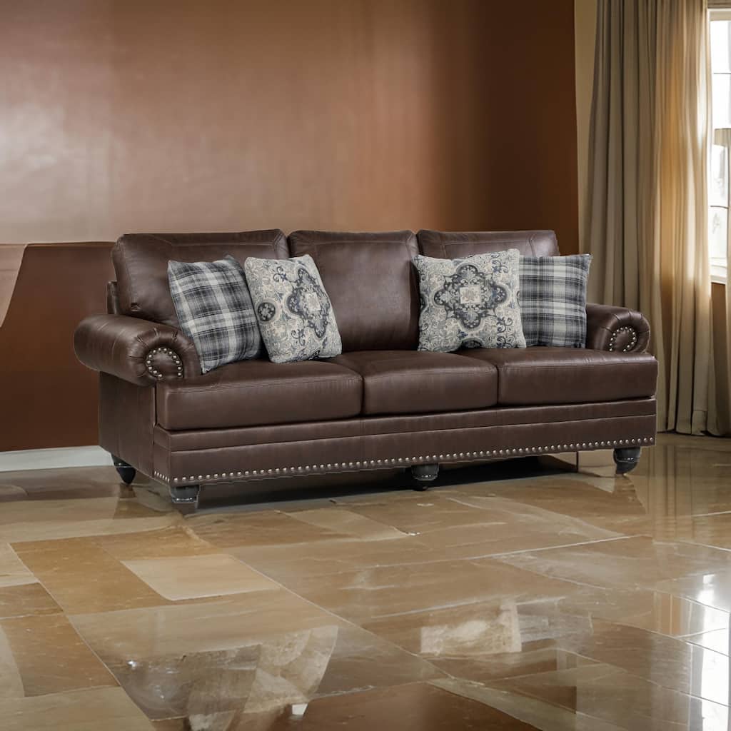 Jade 98 Inch Sofa, Rich Brown Microfiber, 4 Pillows, Soft Cushions, Wood