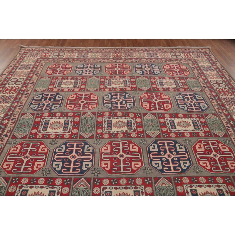 Kazak Oriental Area Rug Hand-Knotted Geometric Wool Carpet - 8'10" x 11'9"