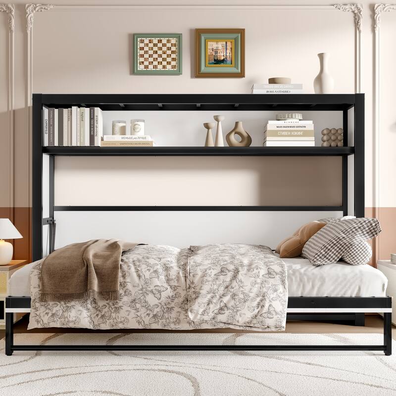 Space-Saving Twin Size Foldable Wall Bed with Integrated Shelf, White