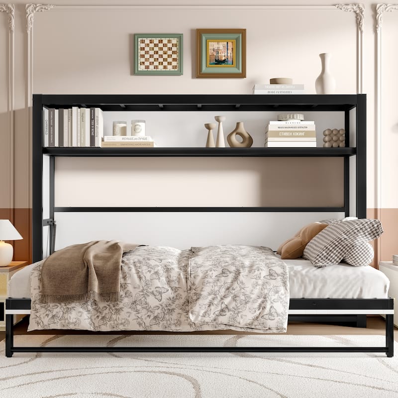 Twin Murphy Bed - Metal Wall Bed with Shelves, Foldable Space-Saving Design