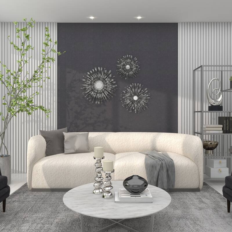 Metal 3D Looped Sunburst Wall Decor with Mirrored Center (Set of 3) - Silver or Gold