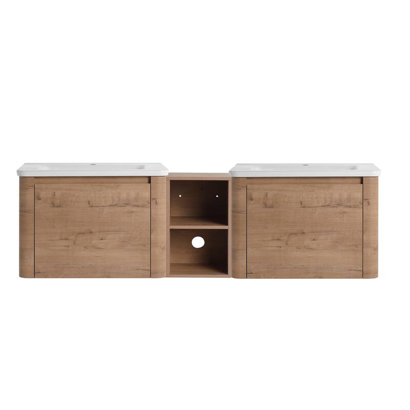 68'' Wall-Mounted Bathroom Vanity with White Ceramic Sink and Storage Shelves & 1-Soft-Close Door, KD-Packing, Plywood