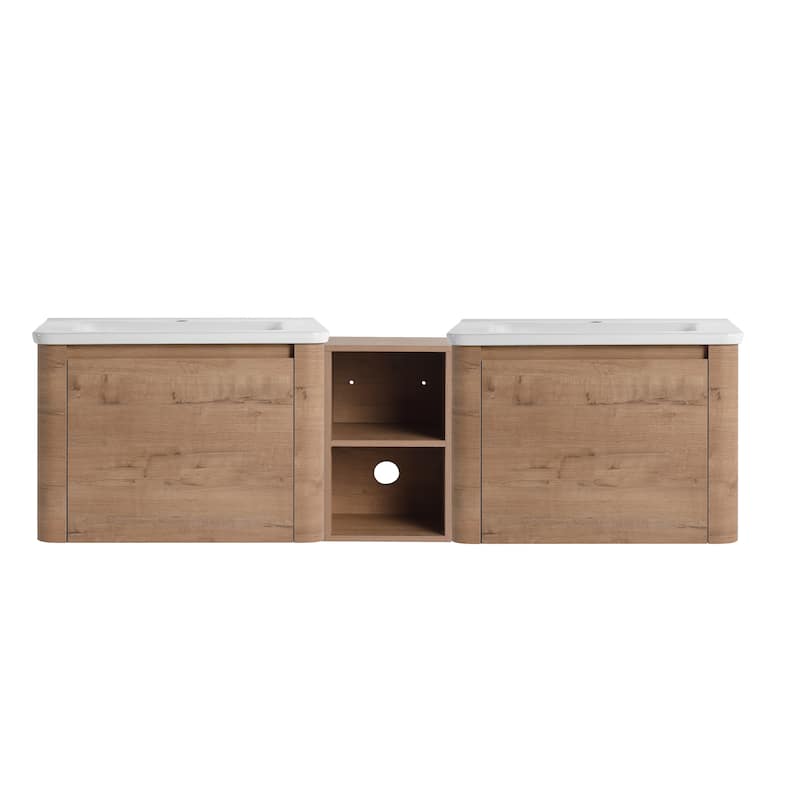 Wall-Mounted Bathroom Vanity with Ceramic Sink and Storage Shelves