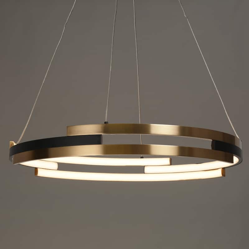 Modern Contemporary Black Gold Wheel Chandelier Integrated LED Round Pendant Light for Dining Room - 25.5" D x 63.5" H