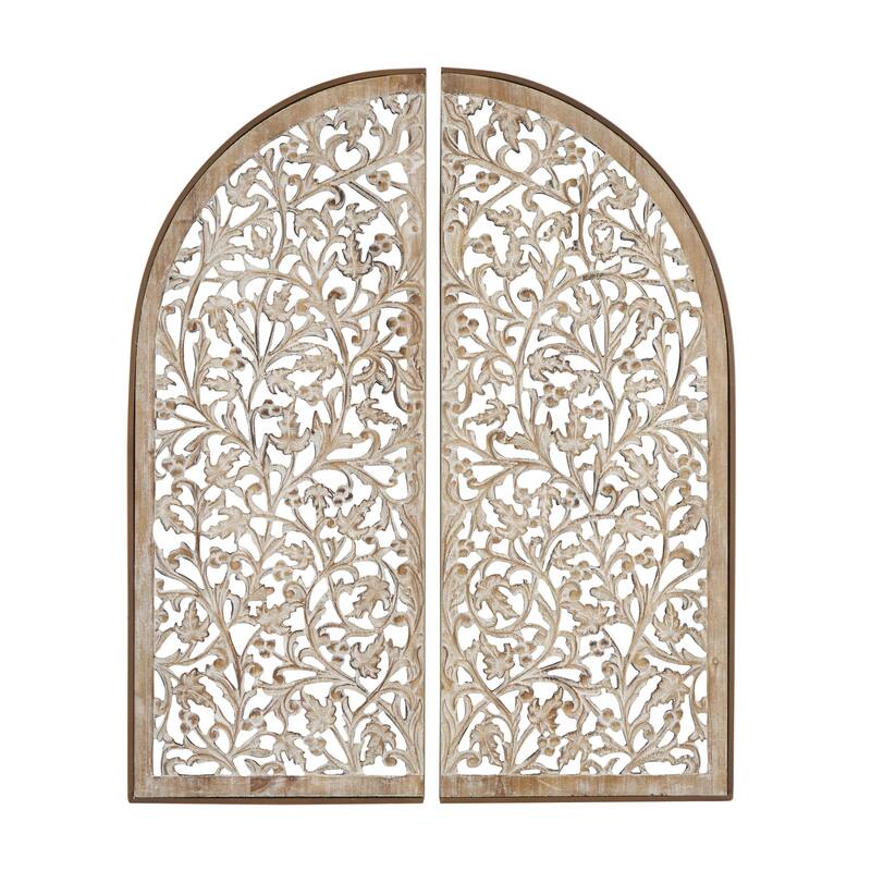 Wooden Floral Handmade Arched Home Wall Decor with Intricate Carvings - Set of 2 Brown - Roche River Decor - Brown - 15"W, 36"H