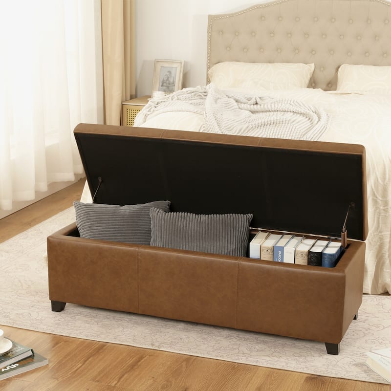 Adeco 46" Faux Leather Storage Ottoman Bench with Nailhead Trim