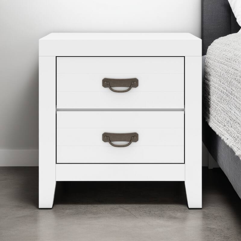 Feo Bedside Nightstand, 2 Drawers, White Okoume Finish, Solid Hardwood