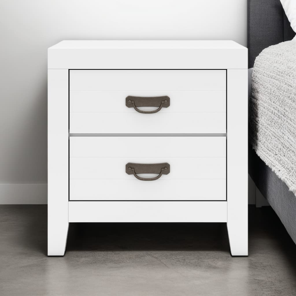 Feo Bedside Nightstand, 2 Drawers, White Okoume Finish, Solid Hardwood
