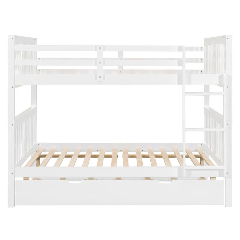 Full over Full Bunk Bed with Twin Size Trundle and Ladder-White