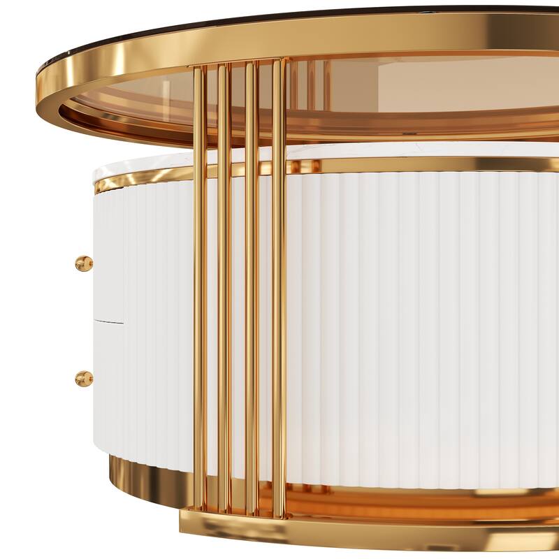 Modern 2 Pieces Round Nesting Coffee Table with Drawers and Brown Tempered Glass Top in 27.6"