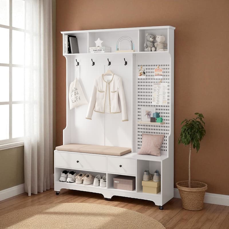 Modern Hall Tree with Removable Linen Cushion Bench, Coat Rack, Shelves & DIY Pegboard, 57.48 x 14.96 x 77.17 in - White