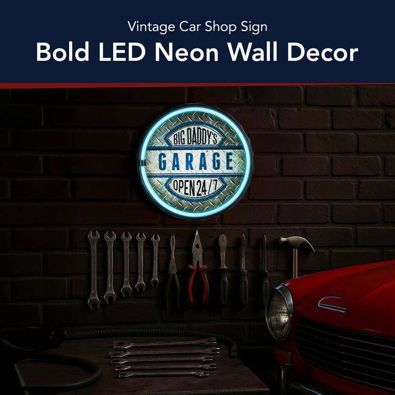 American Art Decor Big Daddy's Garage Bottle Cap Shaped LED Light Up Sign Wall Decor for Man Cave Bar Garage - Grey