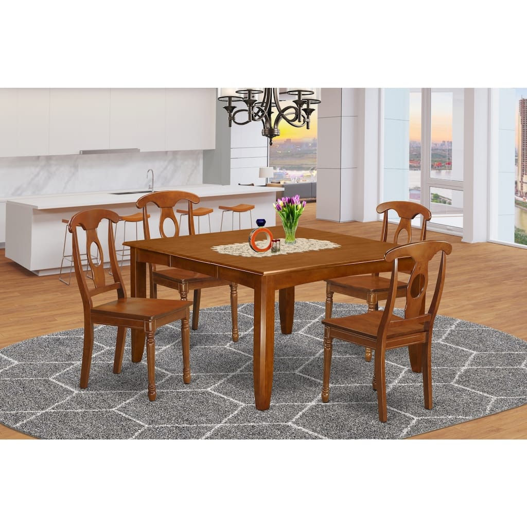 HomeStock 5-Piece Square Saddle Brown Finish Solid Wood Top Dining Table with 4 Chairs with Lattice Back